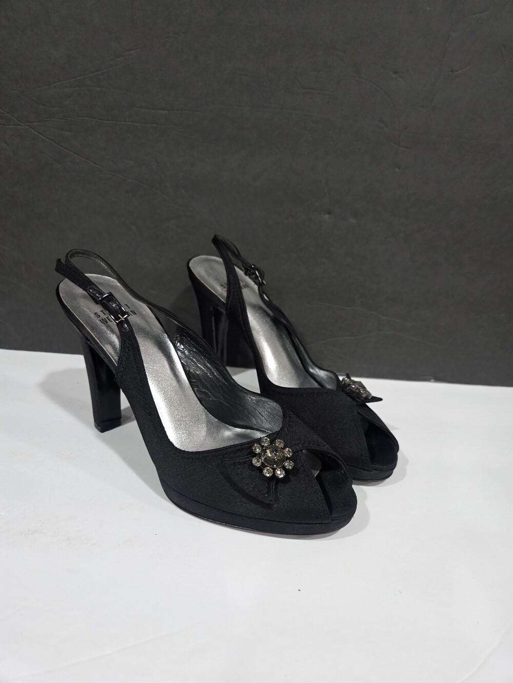 Stuart Weitzman Black Slingback Peep-Toe Heels with Crystal Flower Sz.8